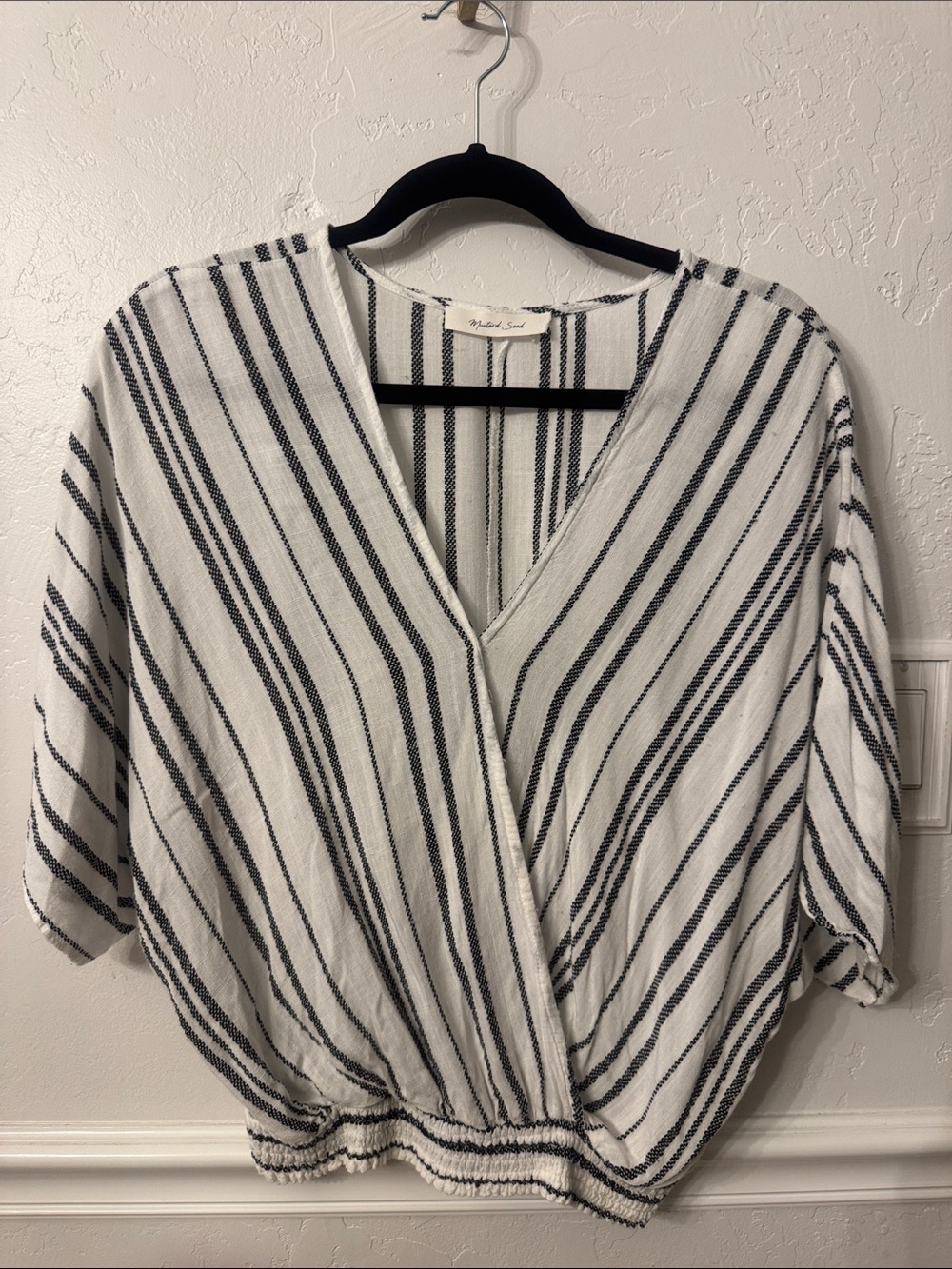 Mustard Seed White and Black Striped Wrap Blouse